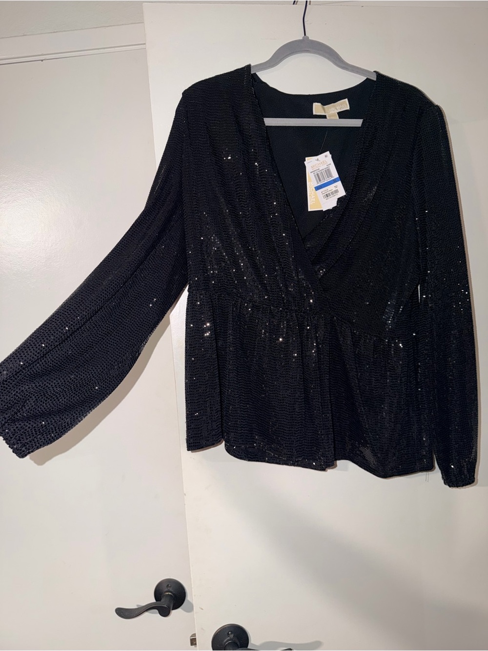 Michael Kors Women's Black Sequin V-Neck Long Sleeve Top